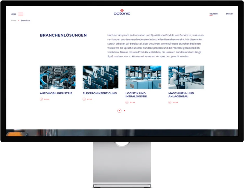 Mockup der Seite "Branchen" von Optonic