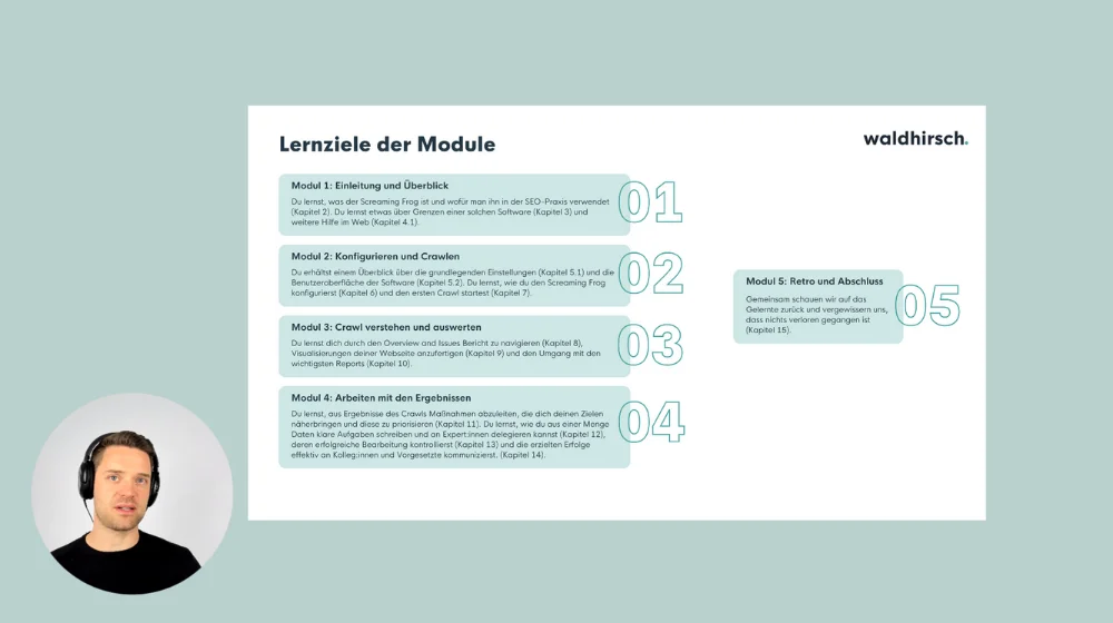 Screenshot aus Modul 5 des Online-Kurses über den Screaming Frog